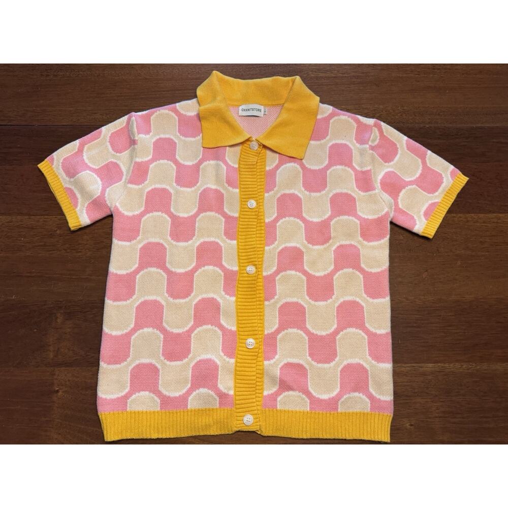 Large OXKNITSTORE Womens Retro Geometric Knit Cardigan Pink Yellow Short Sleeve